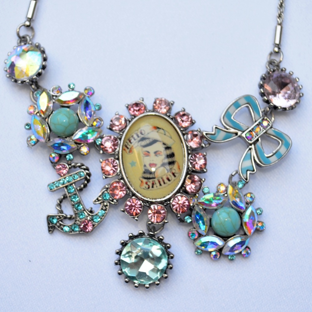 SOLD Betsey Johnson Anchors Away Pinup Girl Sailor Hook Turquoise Necklace